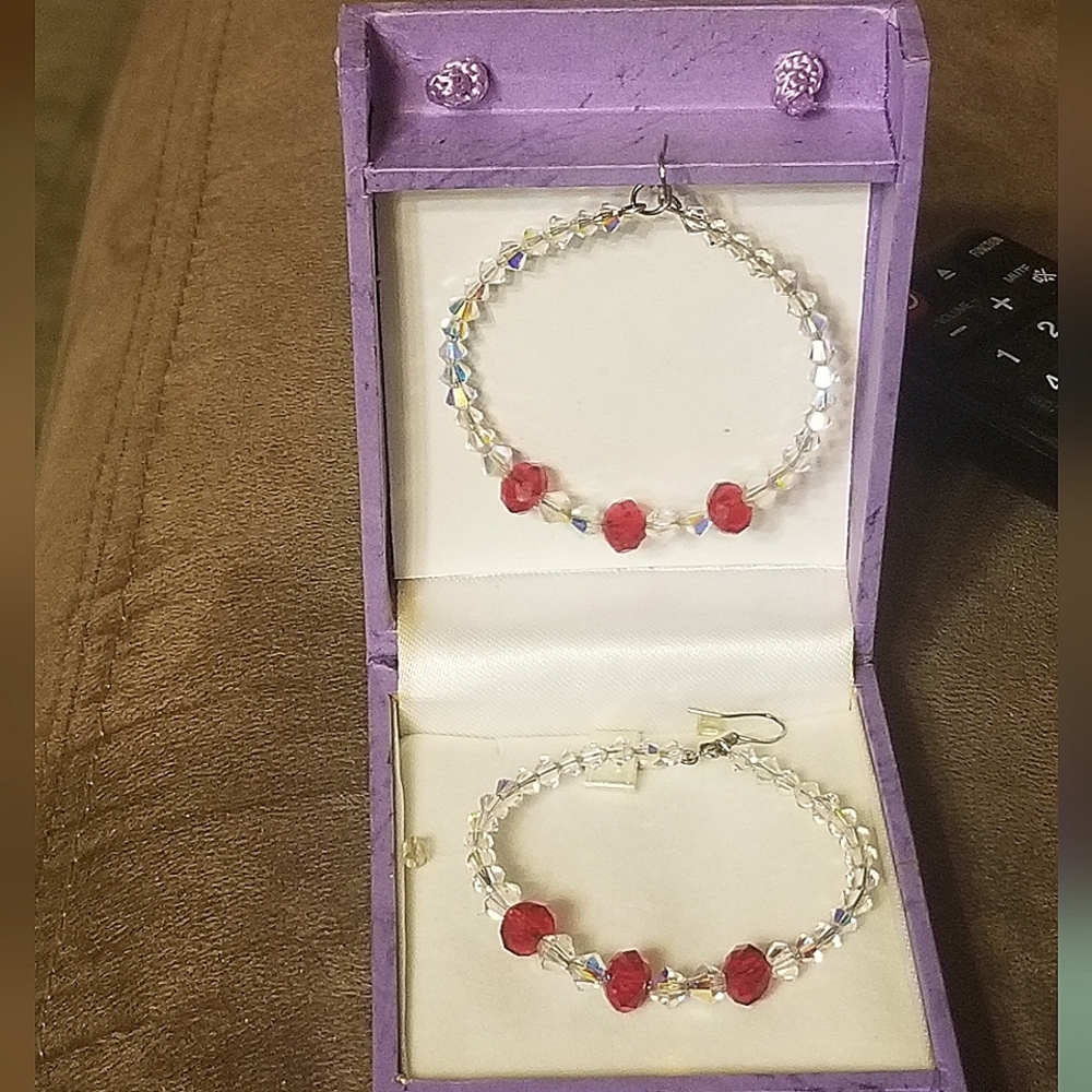 Swarovski Red and White Crystal Hand-made Hoop Earrings. Sterling hooks used.